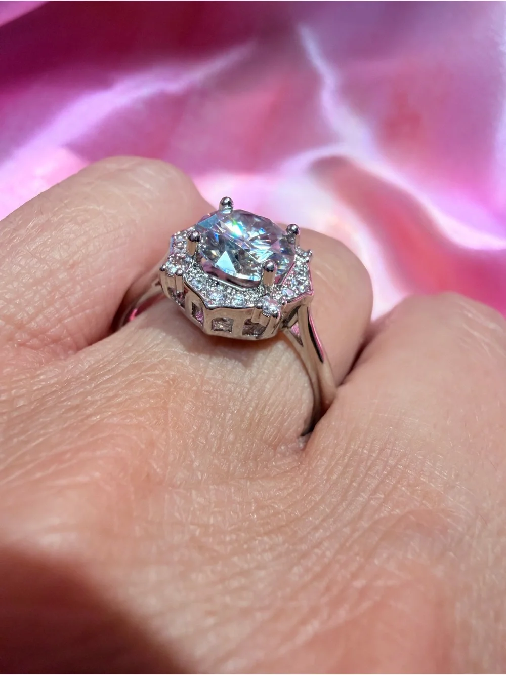 New Statement Moissanite 2 Carat 18 K Overlay with Sparkling Halo of Diamonds